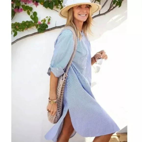 Mer Sea Coastal Blue Pin Stripe Essential Shirt Dress | L/XL - Picture 1 of 11
